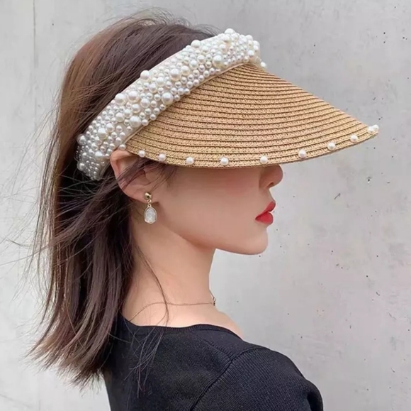 Accessories - Tan Straw Sun Visor Beach Pearls Hat